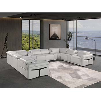 DivanItalia - Global United Furniture 1126, Italian Leather Sectional, 12 pieces with 4-Power Recliners & Console Set and Power Headrests in Light Gray color.