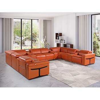 DivanItalia - Global United Furniture 1126, Italian Leather Sectional, 12 pieces with 4-Power Recliners & Console Set and Power Headrests in Orange color.