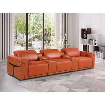 DivanItalia - Global United Furniture 1126, 5 piece Power Reclining Italian Leather Sofa with Console Set and Power Headrests in Orange color.