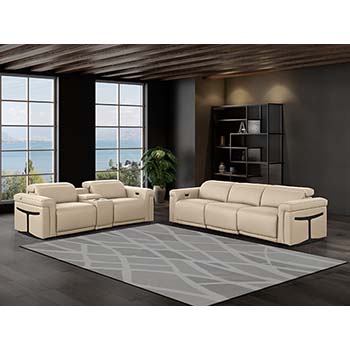 DivanItalia - Global United Furniture 1126, 6 piece Power Reclining Italian Leather Sofa & Loveseat set with Console and Power Headrests in Beige color.