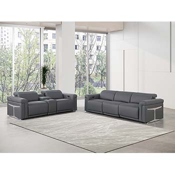 DivanItalia - Global United Furniture 1126, 6 piece Power Reclining Italian Leather Sofa & Loveseat set with Console and Power Headrests in Dark Gray color.