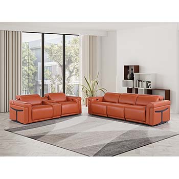 DivanItalia - Global United Furniture 1126, 6 piece Power Reclining Italian Leather Sofa & Loveseat set with Console and Power Headrests in Orange color.