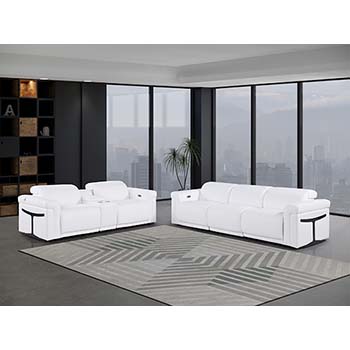 DivanItalia - Global United Furniture 1126, 6 piece Power Reclining Italian Leather Sofa & Loveseat set with Console and Power Headrests in White color.