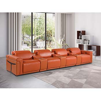 DivanItalia - Global United Furniture 1126, 7 piece Power Reclining Italian Leather Sofa with Console Set and Power Headrests in Orange color.