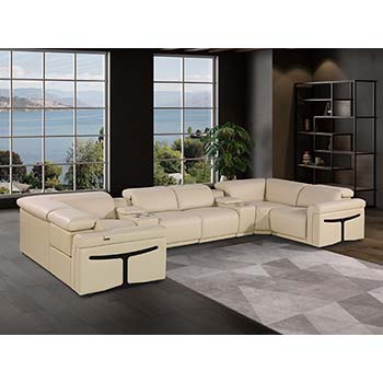 DivanItalia - Global United Furniture 1126, Italian Leather Sectional, 8 pieces with 2-Power Recliners & Console Set and Power Headrests in Beige color.