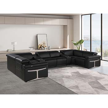 DivanItalia - Global United Furniture 1126, Italian Leather Sectional, 8 pieces with 2-Power Recliners & Console Set and Power Headrests in Black color.