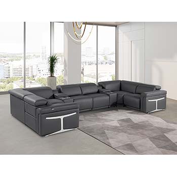 DivanItalia - Global United Furniture 1126, Italian Leather Sectional, 8 pieces with 2-Power Recliners & Console Set and Power Headrests in Dark Gray color.