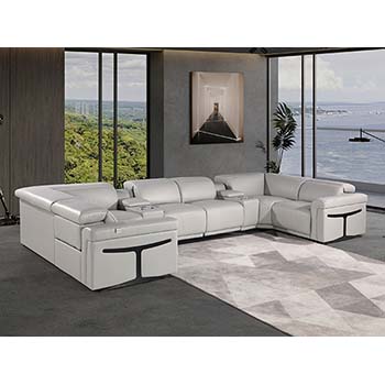 DivanItalia - Global United Furniture 1126, Italian Leather Sectional, 8 pieces with 2-Power Recliners & Console Set and Power Headrests in Light Gray color.