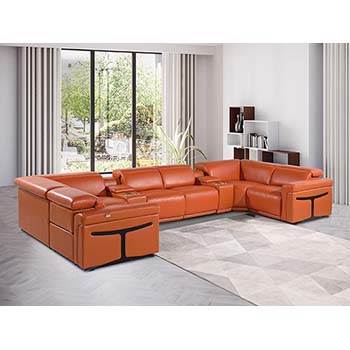 DivanItalia - Global United Furniture 1126, Italian Leather Sectional, 8 pieces with 2-Power Recliners & Console Set and Power Headrests in Orange color.