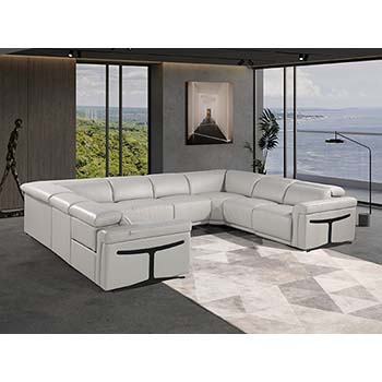 DivanItalia - Global United Furniture 1126, Italian Leather Sectional, 8 pieces with 4-Power Recliners & Power Headrests in Light Gray color.