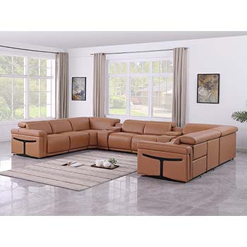 DivanItalia - Global United Furniture 1126, Italian Leather Sectional, 10 pieces with 4-Power Recliners & Console Set and Power Headrests in Cognac color.