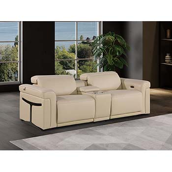 DivanItalia - Global United Furniture 1126, 3 piece Power Reclining Italian Leather Loveseat with Console and Power Headrests in Beige color.