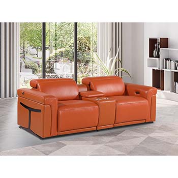 DivanItalia - Global United Furniture 1126, 3 piece Power Reclining Italian Leather Loveseat with Console and Power Headrests in Camel color.