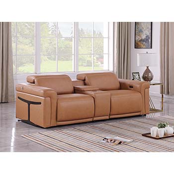 DivanItalia - Global United Furniture 1126, 3 piece Power Reclining Italian Leather Loveseat with Console and Power Headrests in Cognac color.