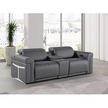 DivanItalia - Global United Furniture 1126, 3 piece Power Reclining Italian Leather Loveseat with Console and Power Headrests in Dark Gray color.