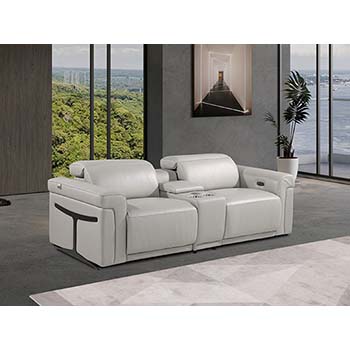 DivanItalia - Global United Furniture 1126, 3 piece Power Reclining Italian Leather Loveseat with Console and Power Headrests in Light Gray color.