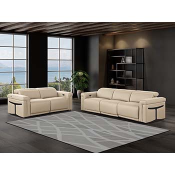 DivanItalia - Global United Furniture 1126, 5 piece Power Reclining Italian Leather Sofa & Loveseat set with Power Headrests in Beige color.