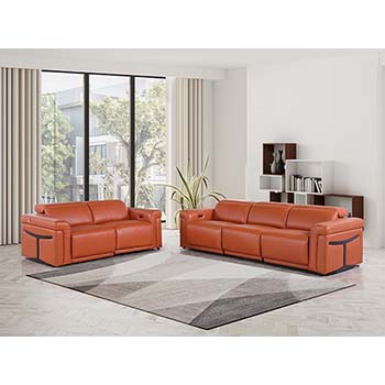 DivanItalia - Global United Furniture 1126, 5 piece Power Reclining Italian Leather Sofa & Loveseat set with Power Headrests in Camel color.