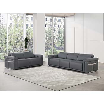 DivanItalia - Global United Furniture 1126, 5 piece Power Reclining Italian Leather Sofa & Loveseat set with Power Headrests in Dark Gray color.