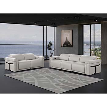 DivanItalia - Global United Furniture 1126, 5 piece Power Reclining Italian Leather Sofa & Loveseat set with Power Headrests in Light Gray color.