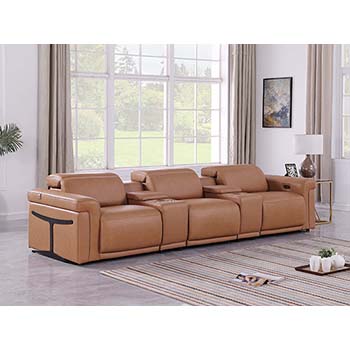 DivanItalia - Global United Furniture 1126, 5 piece Power Reclining Italian Leather Sofa with Console Set and Power Headrests in Cognac color.