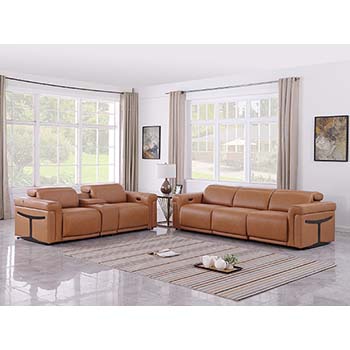 DivanItalia - Global United Furniture 1126, 6 piece Power Reclining Italian Leather Sofa & Loveseat set with Console and Power Headrests in Cognac color.