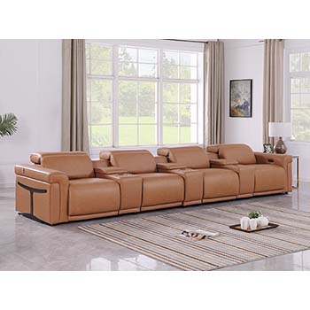 DivanItalia - Global United Furniture 1126, 7 piece Power Reclining Italian Leather Sofa with Console Set and Power Headrests in Cognac color.