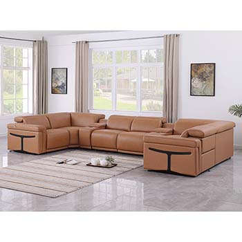 DivanItalia - Global United Furniture 1126, Italian Leather Sectional, 8 pieces with 2-Power Recliners & Console Set and Power Headrests in Cognac color.