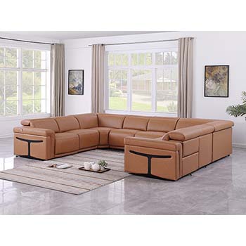 DivanItalia - Global United Furniture 1126, Italian Leather Sectional, 8 pieces with 4-Power Recliners & Power Headrests in Cognac color.