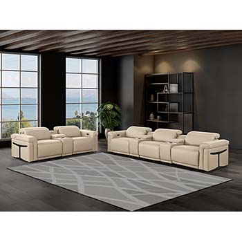 DivanItalia - Global United Furniture 1126, 8 piece Power Reclining Italian Leather Sofa Set with Consoles and Power Headrests in Beige color.