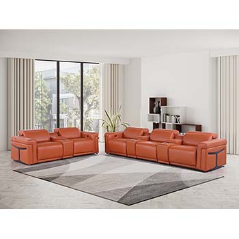 DivanItalia - Global United Furniture 1126, 8 piece Power Reclining Italian Leather Sofa Set with Consoles and Power Headrests in Camel color.