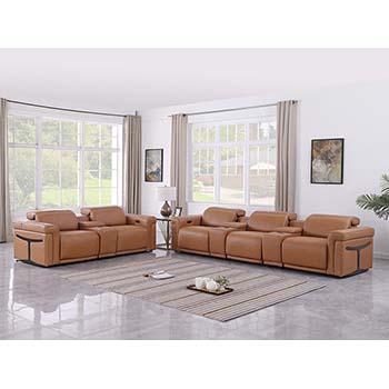 DivanItalia - Global United Furniture 1126, 8 piece Power Reclining Italian Leather Sofa Set with Consoles and Power Headrests in Cognac color.