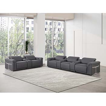 DivanItalia - Global United Furniture 1126, 8 piece Power Reclining Italian Leather Sofa Set with Consoles and Power Headrests in Dark Gray color.