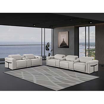 DivanItalia - Global United Furniture 1126, 8 piece Power Reclining Italian Leather Sofa Set with Consoles and Power Headrests in Light Gray color.