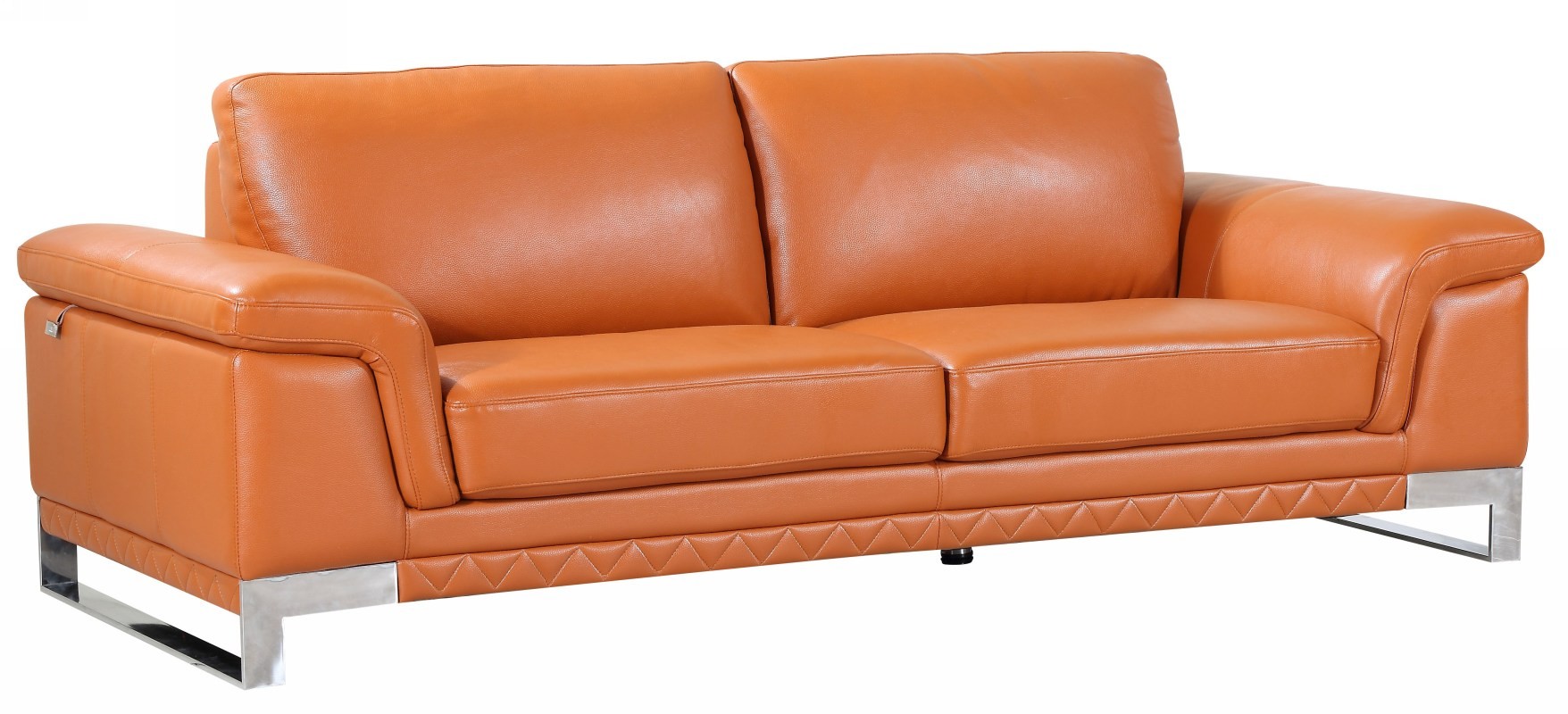camel leather sofa with blue rug