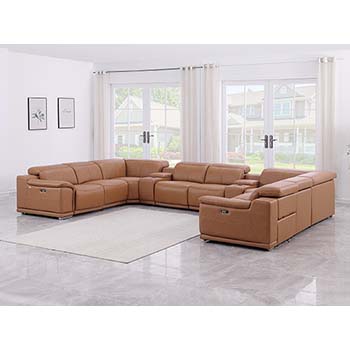 DivanItalia - Global United Furniture 9762, Top Grain Italian Leather Sectional, 10 pieces with 4-Power Recliners & Console Set in Cognac color.