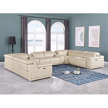 DivanItalia - Global United Furniture 9762, Top Grain Italian Leather Sectional, 10 pieces with 4-Power Recliners & Console Set in Beige color.