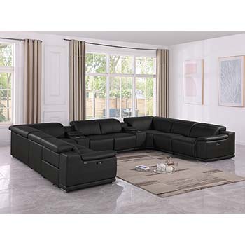 DivanItalia - Global United Furniture 9762, Top Grain Italian Leather Sectional, 10 pieces with 4-Power Recliners & Console Set in Black color.