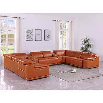 DivanItalia - Global United Furniture 9762, Top Grain Italian Leather Sectional, 10 pieces with 4-Power Recliners & Console Set in Camel color.