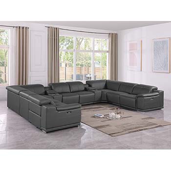 DivanItalia - Global United Furniture 9762, Top Grain Italian Leather Sectional, 10 pieces with 4-Power Recliners & Console Set in Dark Gray color.