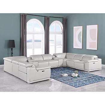 DivanItalia - Global United Furniture 9762, Top Grain Italian Leather Sectional, 10 pieces with 4-Power Recliners & Console Set in Light Gray color.