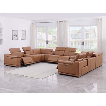 DivanItalia - Global United Furniture 9762, Top Grain Italian Leather Sectional, 12 pieces with 4-Power Recliners & Console Set in Cognac color.