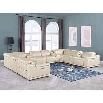 DivanItalia - Global United Furniture 9762, Top Grain Italian Leather Sectional, 12 pieces with 4-Power Recliners & Console Set in Beige color.