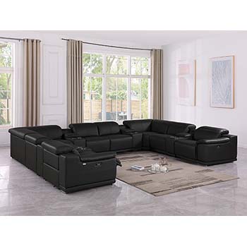 DivanItalia - Global United Furniture 9762, Top Grain Italian Leather Sectional, 12 pieces with 4-Power Recliners & Console Set in Black color.