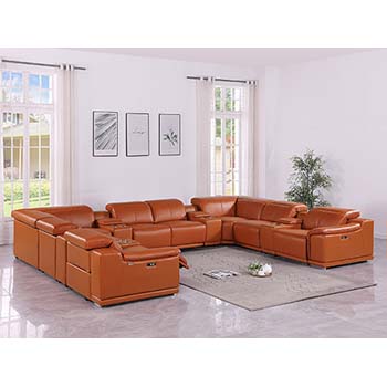 DivanItalia - Global United Furniture 9762, Top Grain Italian Leather Sectional, 12 pieces with 4-Power Recliners & Console Set in Camel color.