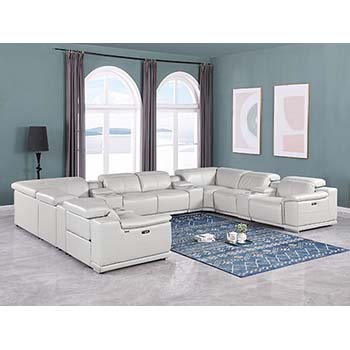 DivanItalia - Global United Furniture 9762, Top Grain Italian Leather Sectional, 12 pieces with 4-Power Recliners & Console Set in Light Gray color.