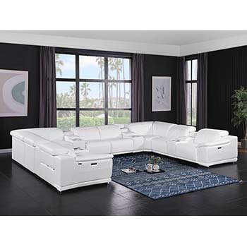 DivanItalia - Global United Furniture 9762, Top Grain Italian Leather Sectional, 12 pieces with 4-Power Recliners & Console Set in White color.