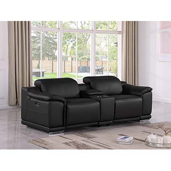 DivanItalia - Global United Furniture 9762, 3 piece Power Reclining Top Grain Italian Leather Loveseat with Console in Black color.