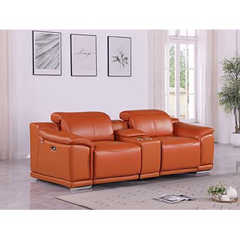 DivanItalia - Global United Furniture 9762, 3 piece Power Reclining Top Grain Italian Leather Loveseat with Console in Camel color.