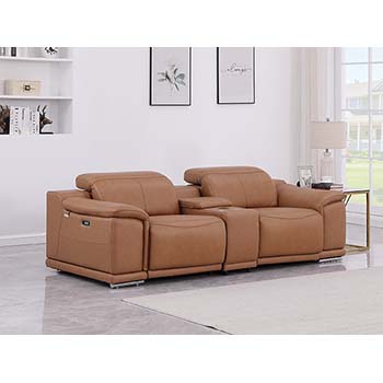 DivanItalia - Global United Furniture 9762, 3 piece Power Reclining Top Grain Italian Leather Loveseat with Console in Cognac color.